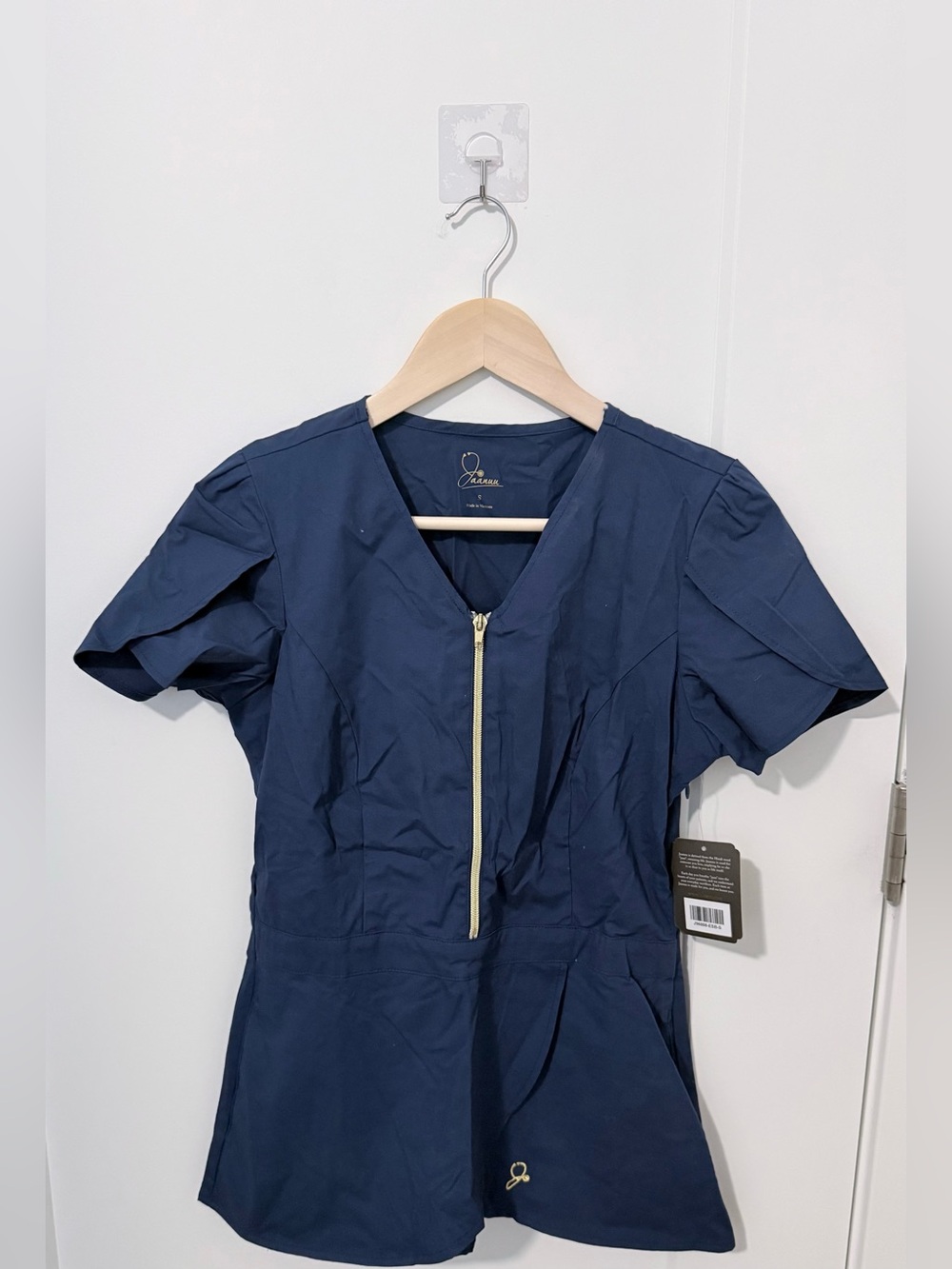 Jaanuu Navy Zip-Front Medical Top with Gold Zipper